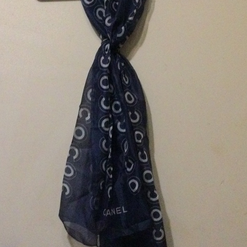 Chanel Navy Blue Scarf with White Logo